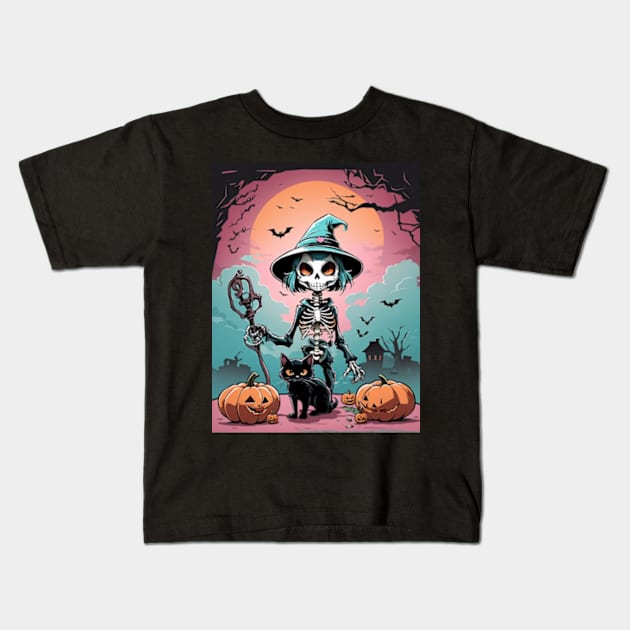 Halloween skeleton witch with her spooky friends Kids T-Shirt by BrisaArtPrints